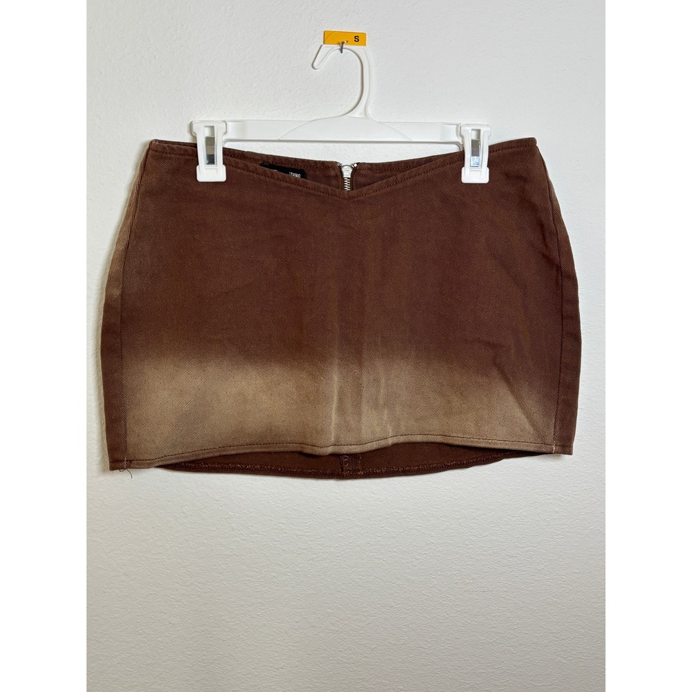 PrettyLittleThing Brown Ombre Denim Mini Skirt V-Waist Zip Back Size 8 NEW